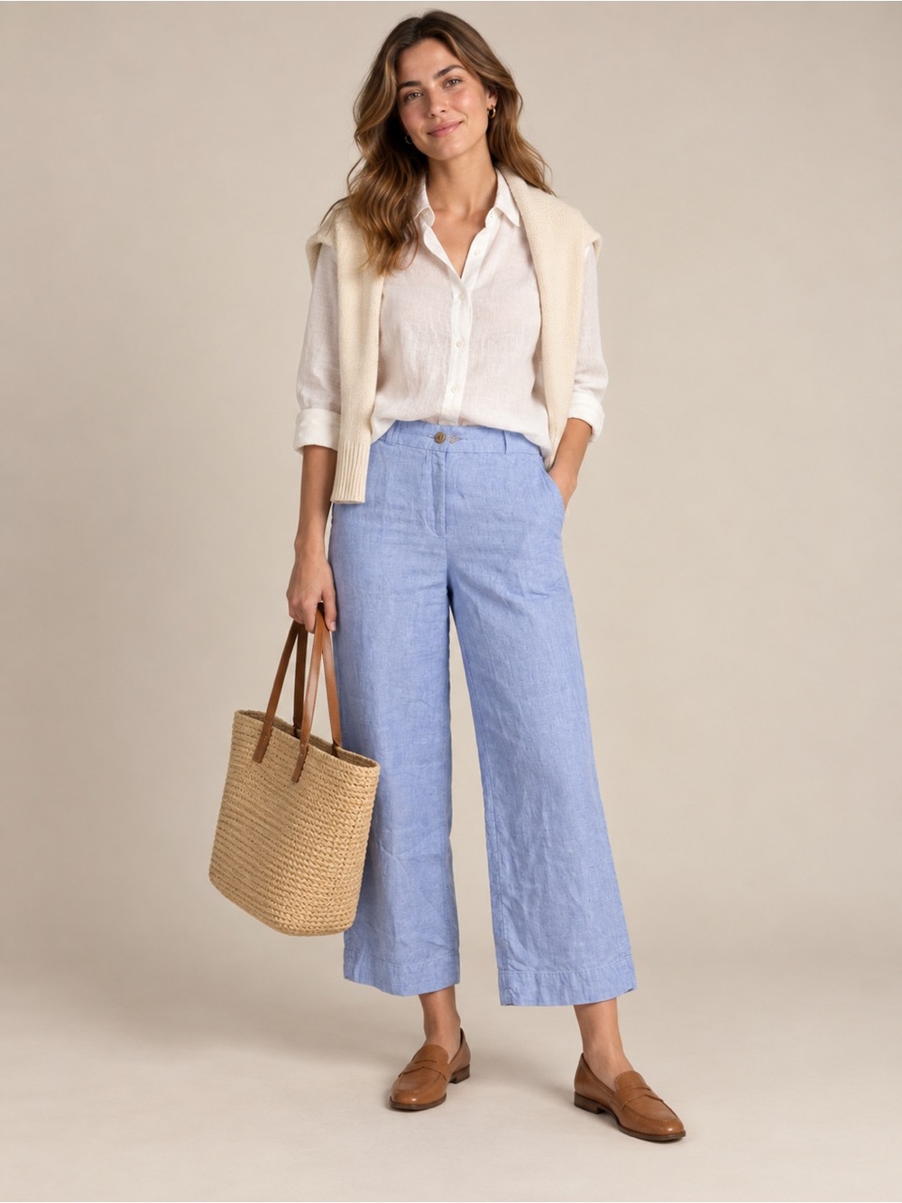 J. Jill Love Linen Pants XS Blue Wide Leg Cropped Elastic Waist 100% Linen
